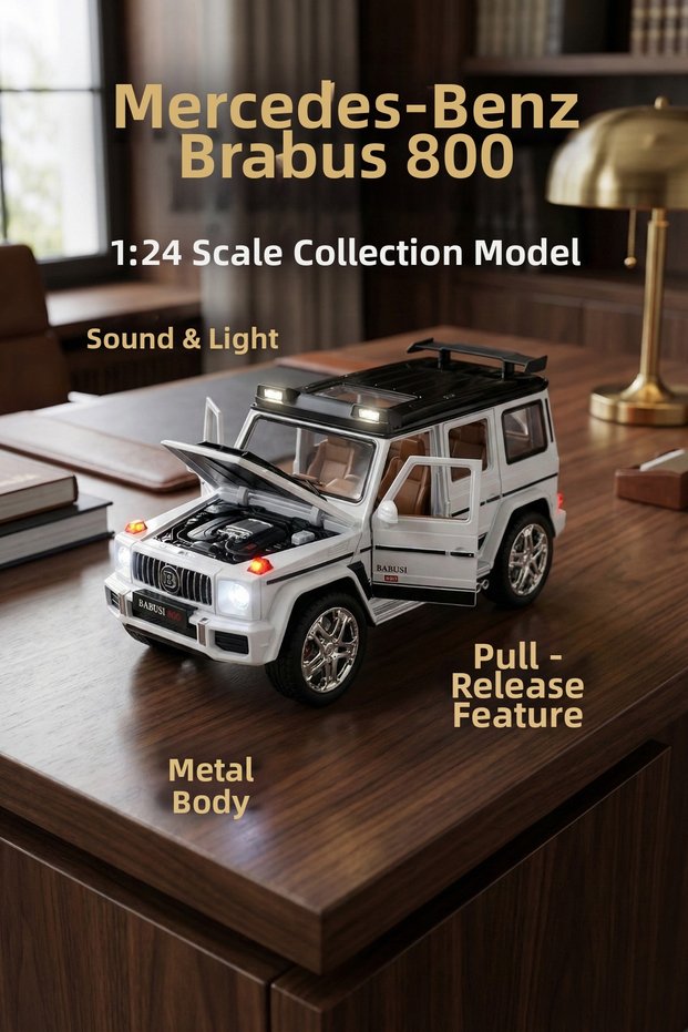 Mercedes Brabus G800 1:24 Metal Model Car - with Sound and Light, Pull-Back, Openable Doors - White