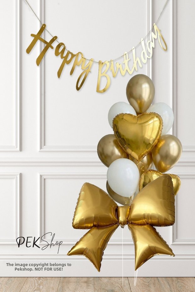 Gold Happy Birthday Banner and Gold Bow Balloon White Gold Bow Theme Birthday Decoration Set Set24