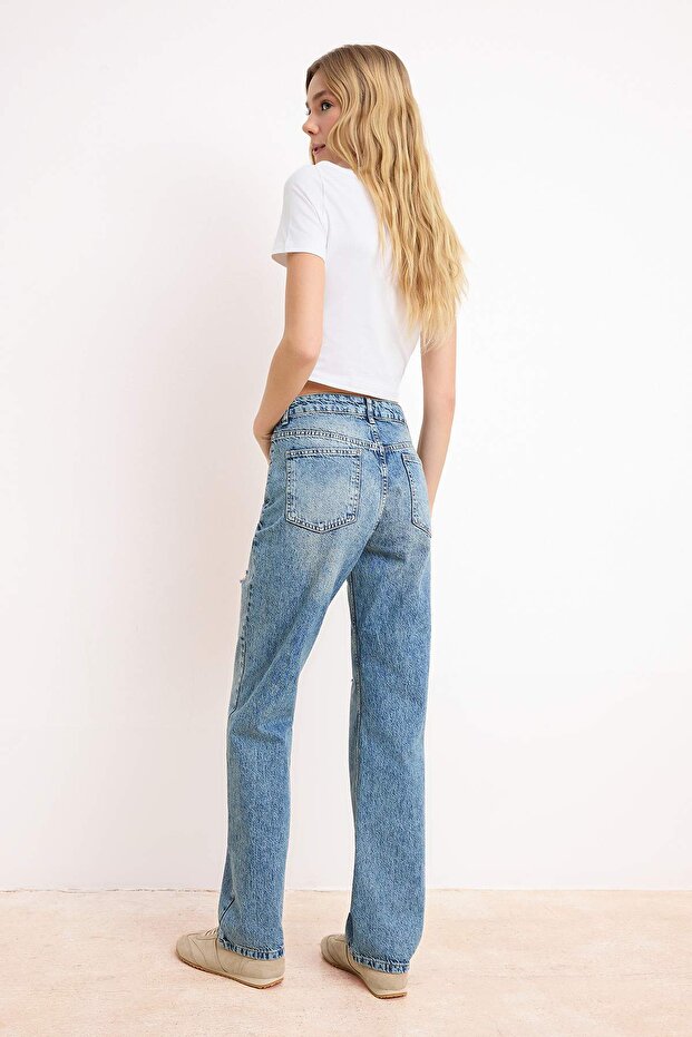 Mavi Yüksek Bel Yırtıklı Straight Jeans TWOSS26JE00070 - 4