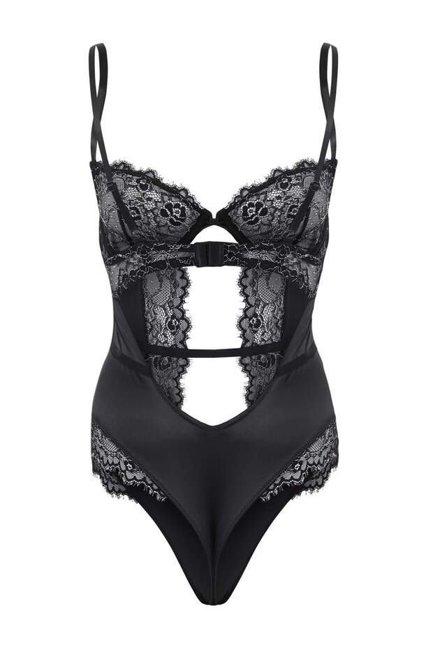 Siyah Saten Fitted Gümüş Renk Detaylı Cut Out Body THMSS26BD00007 - 4