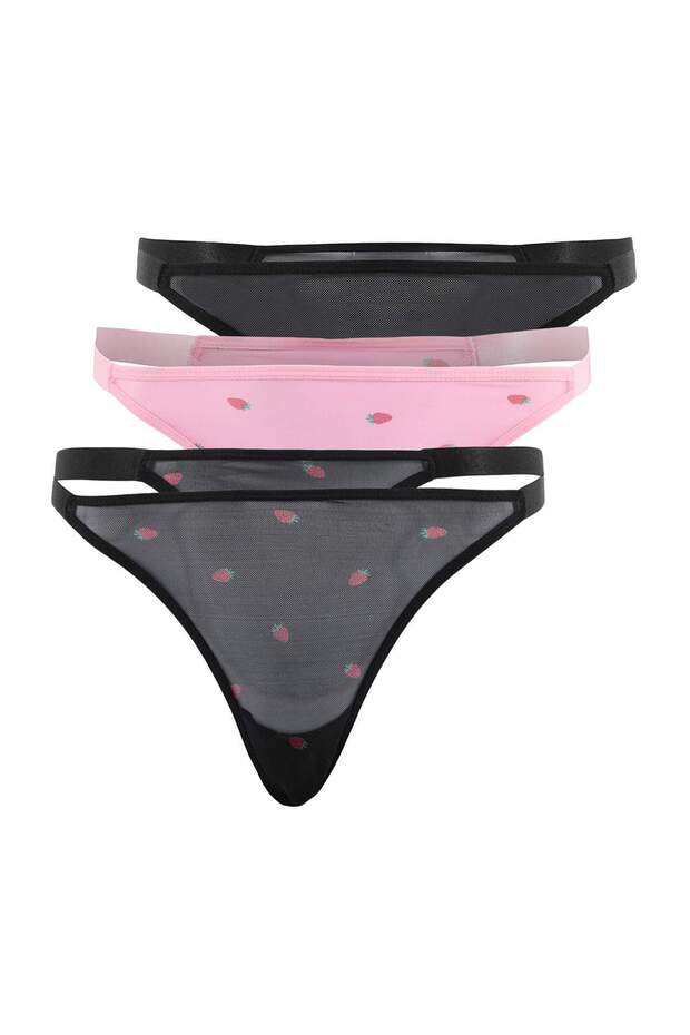 Teen Siyah-Çok Renkli 3'lü Tül Çilek Baskılı Tanga Külot THMSS26KU00015 - 7