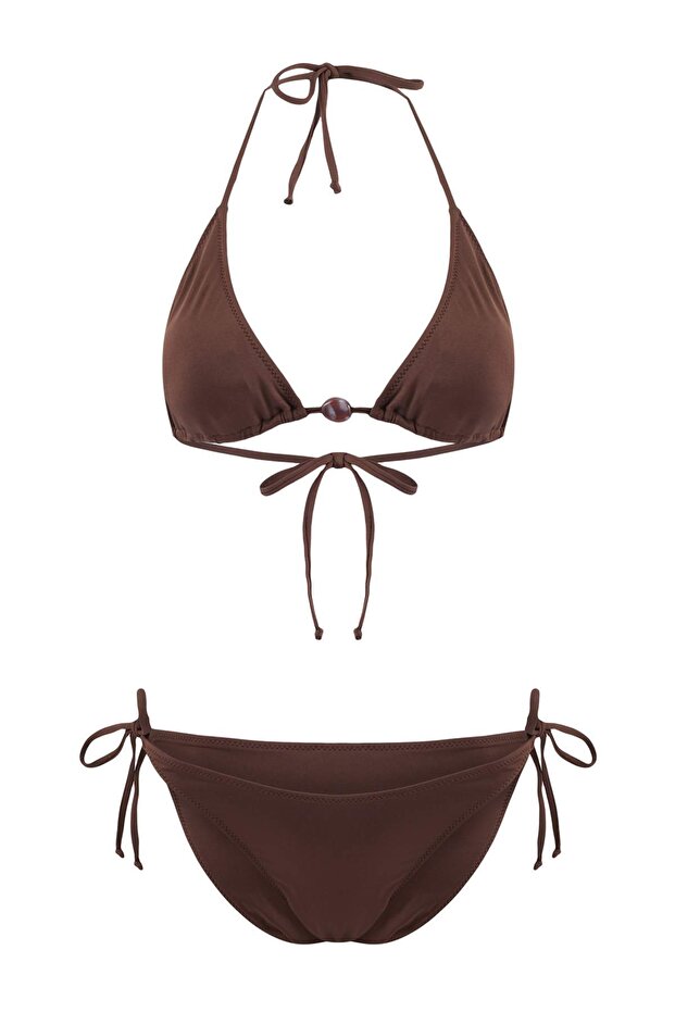 Kahverengi Üçgen Kaplı Aksesuarlı Normal Bel Regular Bikini Takımı TBESS26BT00054 - 3