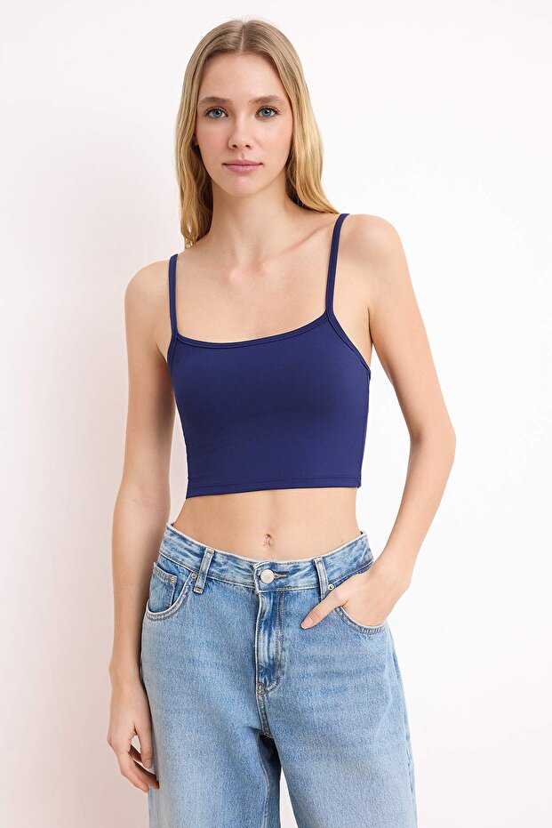 Lacivert-Ekru 2'li Paket Poliamid İçerikli Askılı Crop Fitted Esnek Örme Atlet TWOSS24AL00053 - 5