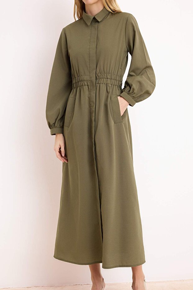 Haki Pamuklu Beli Gipe Lastikli Terrycotton Dokuma Tesettür Elbise TCTSS26EB00077 - 3