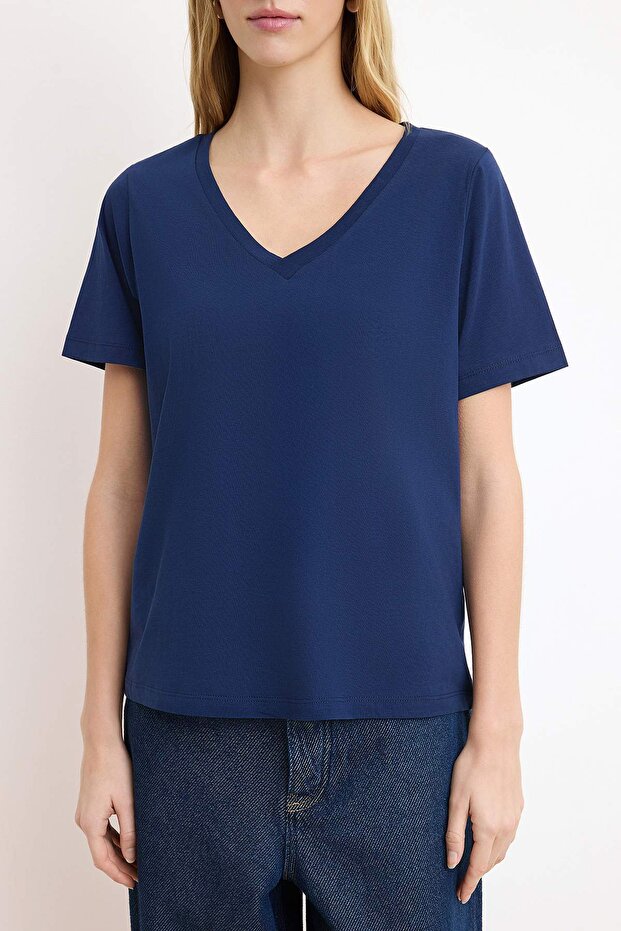 Bordo-Lacivert %100 Pamuk 2'li Paket Regular Kalıp Basic V Yaka Örme T-Shirt TWOSS23TS00002 - 3