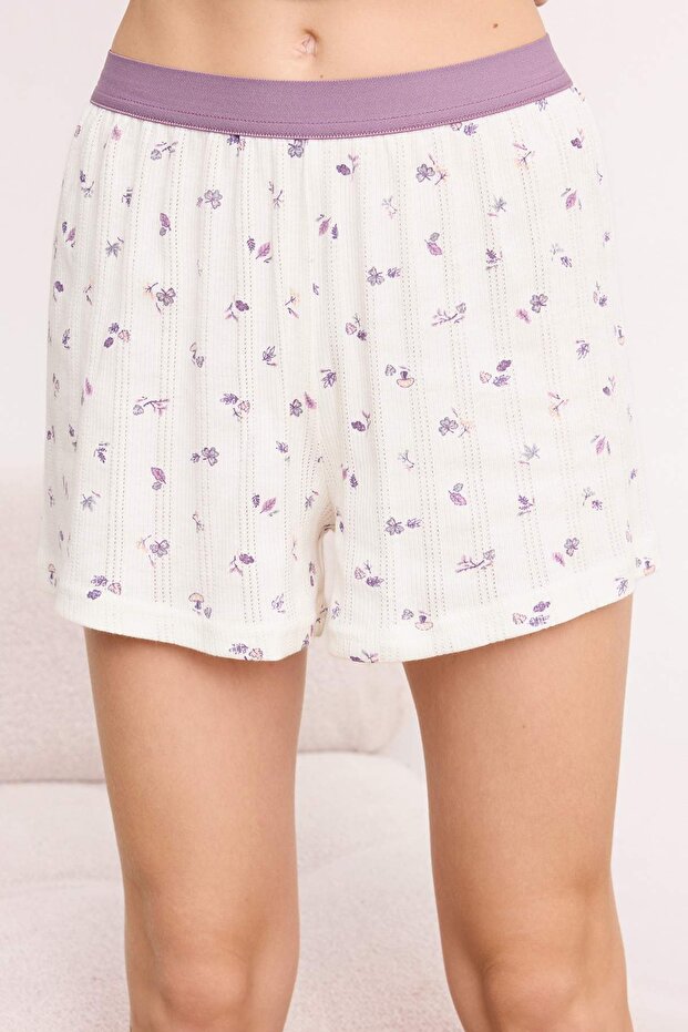 Ekru %100 Pamuklu Çiçek Desenli Lastik Detaylı Fitilli/Pointel Örme Pijama Takımı THMSS26PT00081 - 4