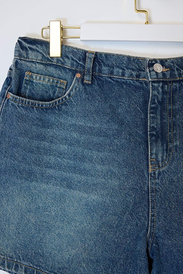 Mavi Lastikli Yüksek Bel Mini %100 Pamuk Non-Stretch Büyük Beden Denim Şort TBBSS26AP00009 - 2