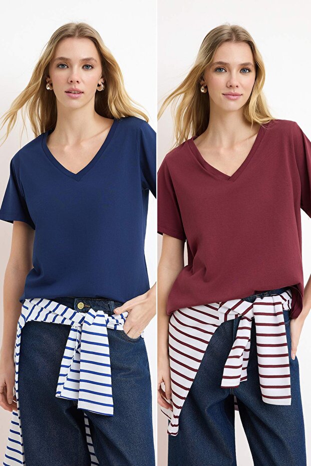 Trendyolmilla  Bordo-Lacivert %100 Pamuk 2'li Paket Regular Kalıp Basic V Yaka Örme T-Shirt TWOSS23TS00002 - Görsel 2