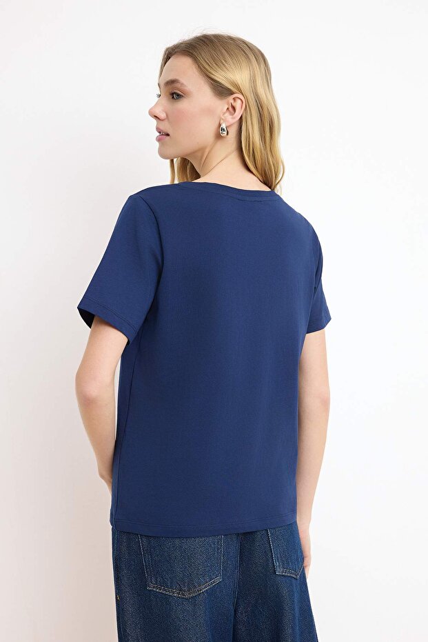 Bordo-Lacivert %100 Pamuk 2'li Paket Regular Kalıp Basic V Yaka Örme T-Shirt TWOSS23TS00002 - 4