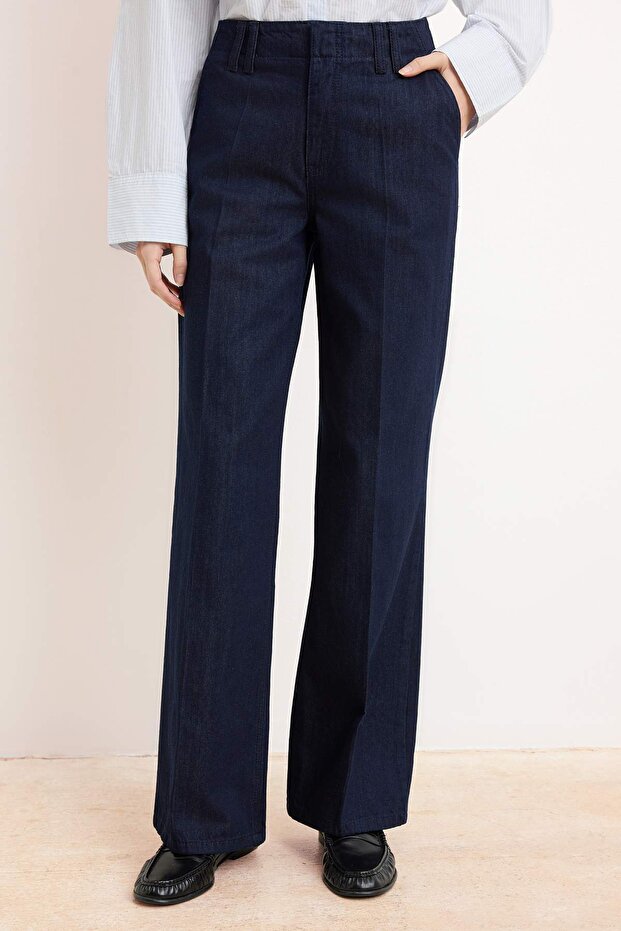 Koyu Mavi DÖKÜMLÜ Nervür Detaylı Normal Bel %100 PAmuk Wide Leg Jeans TWOSS26JE00018 - 3