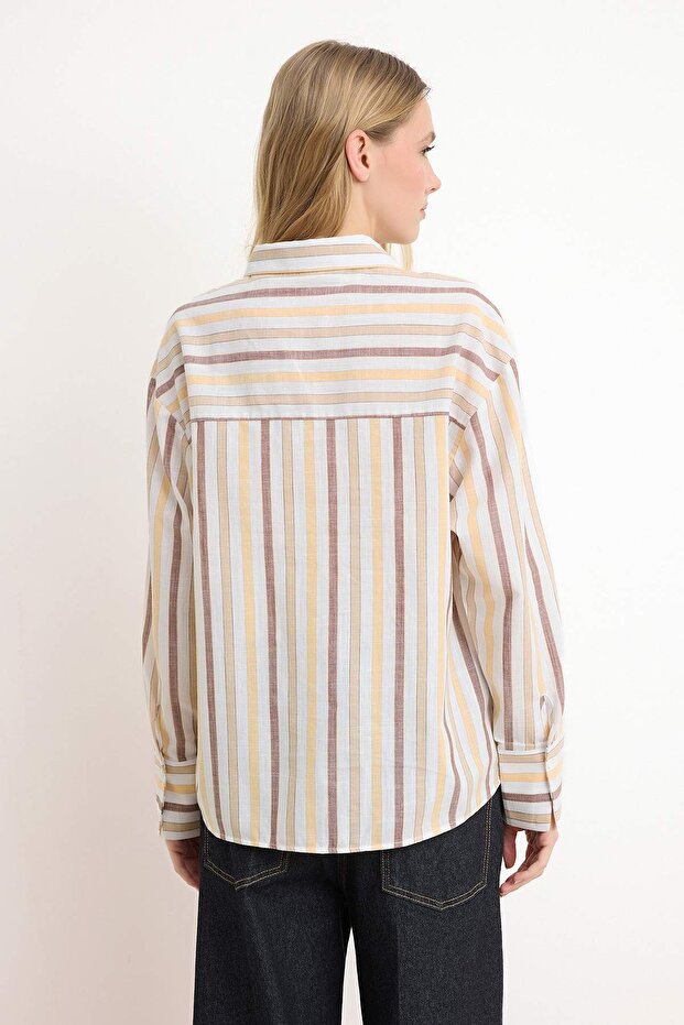 Çok Renkli Çizgili Doğal Görünümlü Oversize/Geniş Kalıp Gömlek TWOSS26GO00106 - 4