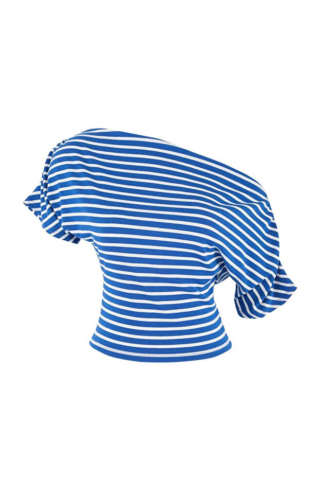 Lacivert Çizgili Regular Kalıp Asimetrik Yaka Büzgülü Crop Fitilli Esnek Örme Bluz TWOSS26BZ00376 - 5
