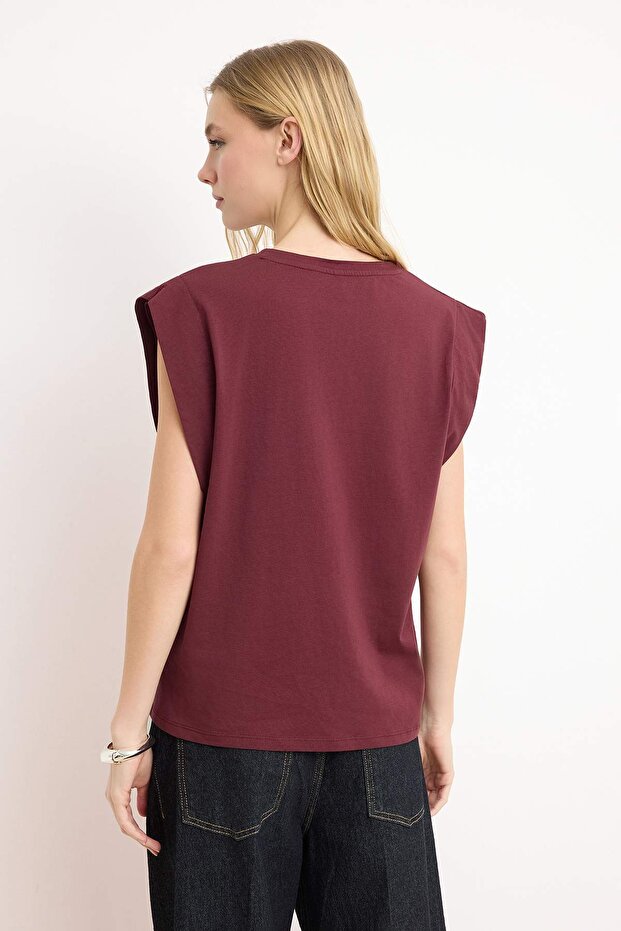Bordo %100 Pamuk Düğme Detaylı Vatka Görünümlü Basic Bisiklet Yaka Örme T-Shirt TWOSS23TS00016 - 4