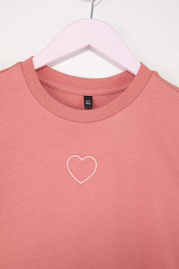 Pembe-Mint 2'li Nakışlı Kız Çocuk Düz Nakışlı Örme T-Shirt TKDSS26TS00006 - 8