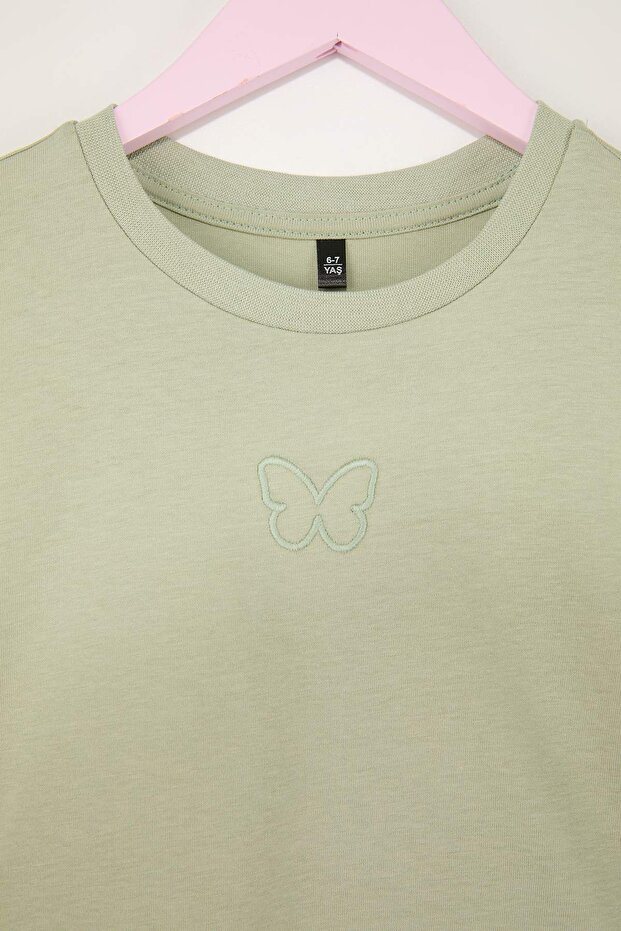 Pembe-Mint 2'li Nakışlı Kız Çocuk Düz Nakışlı Örme T-Shirt TKDSS26TS00006 - 6