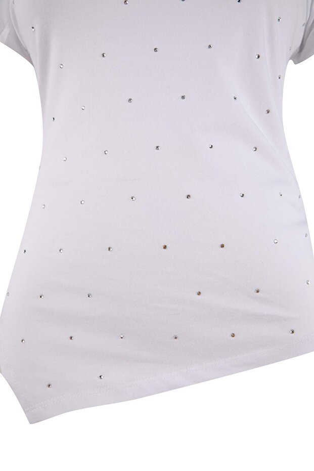 Beyaz Beyaz Taşlı Asimetrik Fitted/Vücuda Oturan Örme T-shirt TBBSS26AF00080 - 5