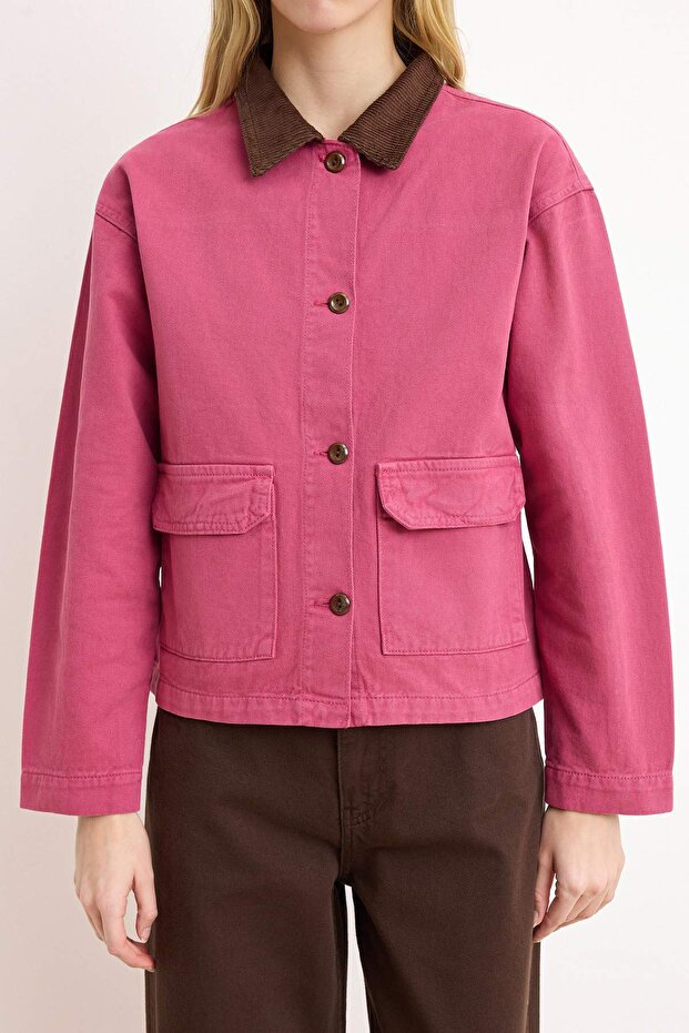 Pembe Fitilli Kadife Yaka Detaylı Denim Gömlek Ceket TWOAW26CE00004 - 3