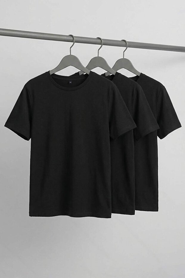 Siyah 3'lü Paket Büyük Beden T-shirt TBBSS25BF00071 - 4
