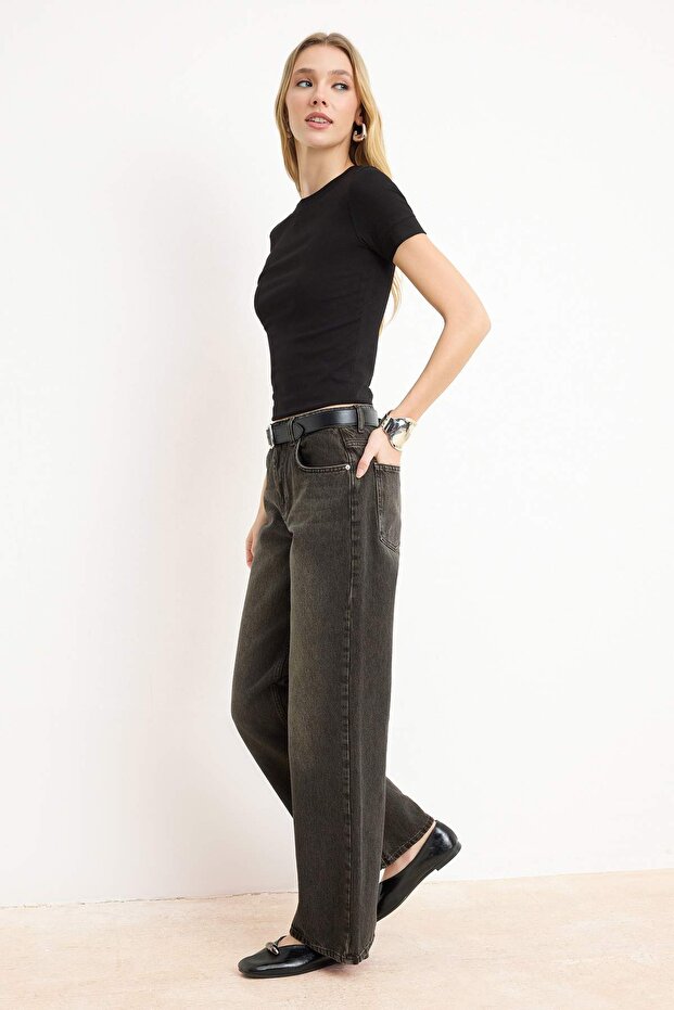 Kahverengi Yüksek Bel Wide Leg Geniş Paça %100 Pamuk Non-Stretch Jeans TWOAW26JE00007 - 2