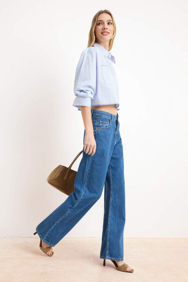 Mavi DÖKÜMLÜ Yüksek Bel MEVSİMLİK %100 Pamuk Uzun Boy Wide Leg Jeans TWOSS26JE00127 - 2