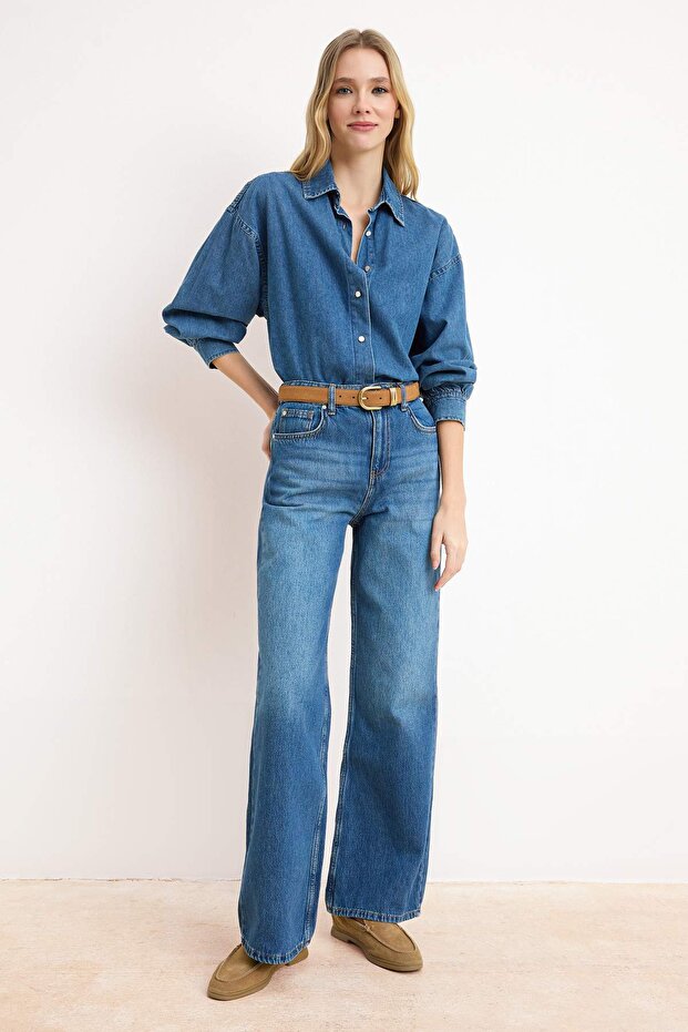 Mavi DÖKÜMLÜ Yüksek Bel %100 Pamuk Wide Leg Jeans TWOSS26JE00114 - 2