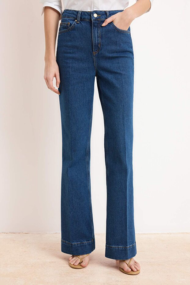 Koyu Mavi Yüksek Bel Ütü İzli Az Esnek Wide Leg Jeans TWOSS26JE00191 - 3