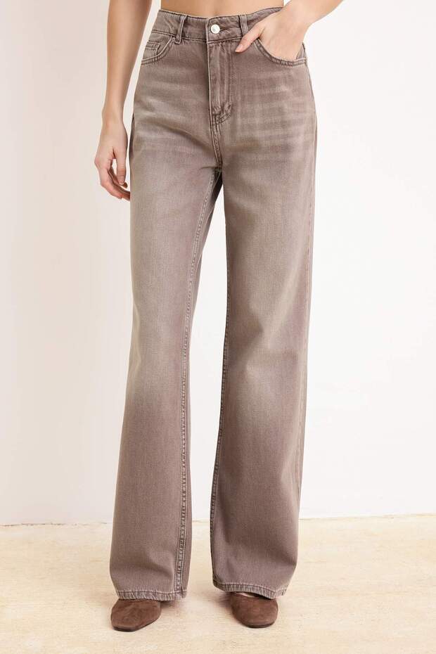 Açık Kahverengi DÖKÜMLÜ Vintage Yıkama Yüksek Bel %100 Pamuk Wide Leg Jeans TWOSS26JE00172 - 3