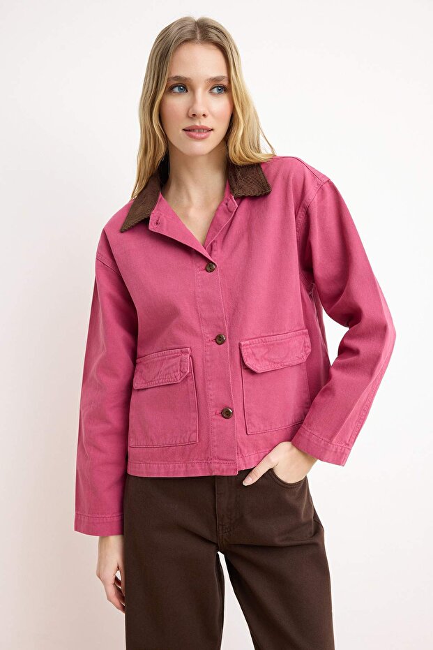 Pembe Fitilli Kadife Yaka Detaylı Denim Gömlek Ceket TWOAW26CE00004 - 2