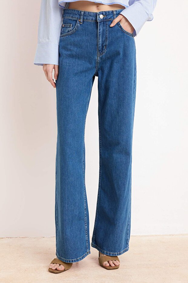 Mavi DÖKÜMLÜ Yüksek Bel MEVSİMLİK %100 Pamuk Uzun Boy Wide Leg Jeans TWOSS26JE00127 - 1