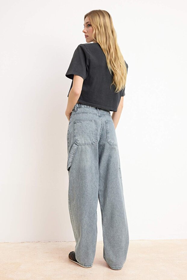 Gri Yüksek Bel Bol Kesim Loose Baggy Jeans TWOAW24JE00308 - 4