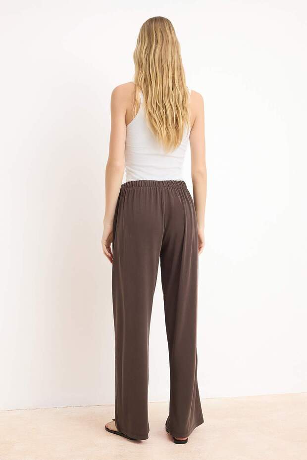 Kahverengi Pilili Wide Leg/Rahat Kesim Esnek Modal Premium Örme Pantolon TWOAW25PL00073 - 4