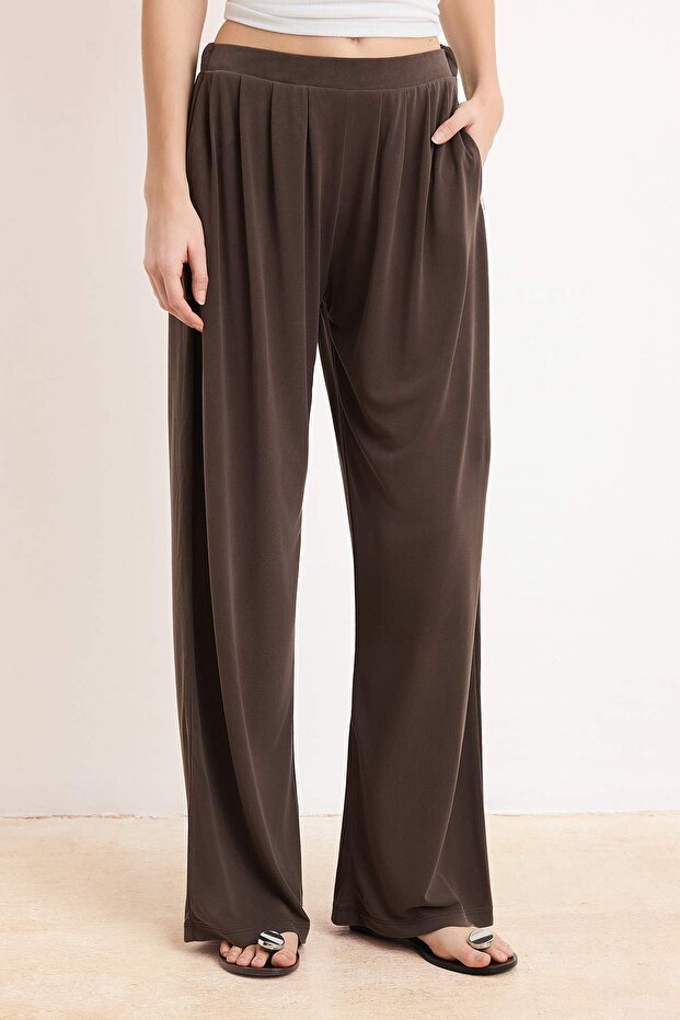 Kahverengi Pilili Wide Leg/Rahat Kesim Esnek Modal Premium Örme Pantolon TWOAW25PL00073 - 3