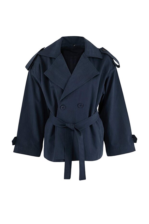 Lacivert Yumuşak Tuşeli Kemerli Oversize Kruvaze Kapama Midi Trençkot TWOSS26TR00007 - 5