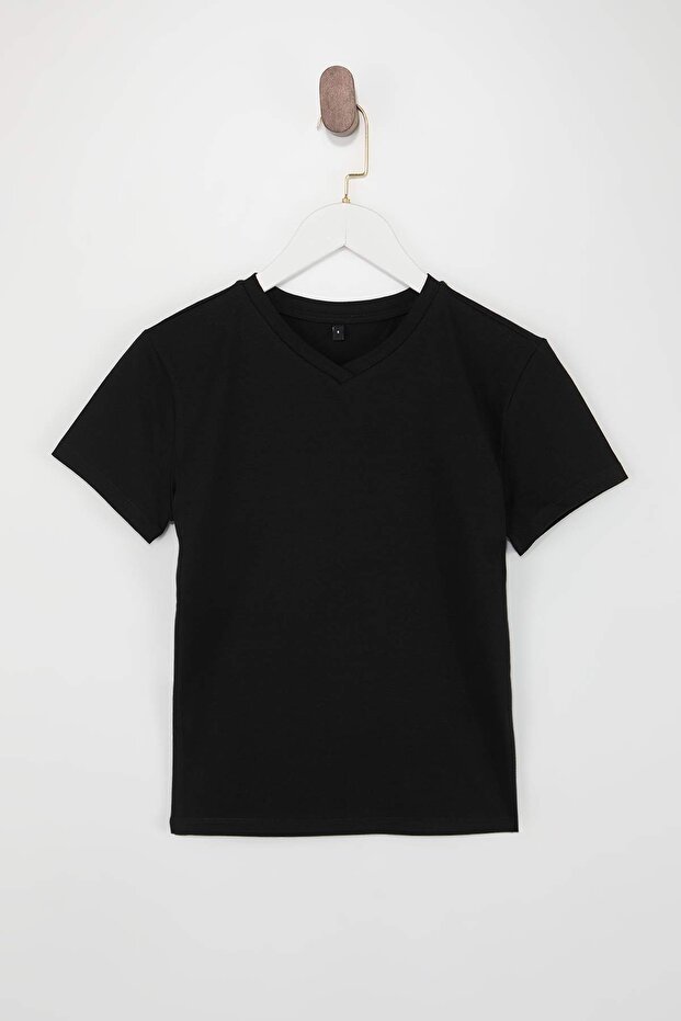 Siyah Fitted/Vücuda Oturan V Yaka Kısa Kollu Pamuklu Esnek Örme T-Shirt TWOSS26TS00069 - 5