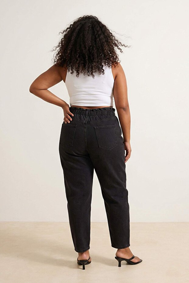 Kahverengi üksek Bel Beli Lastikli Büyük Beden Mom Jeans TBBAW23JE00002 - 2