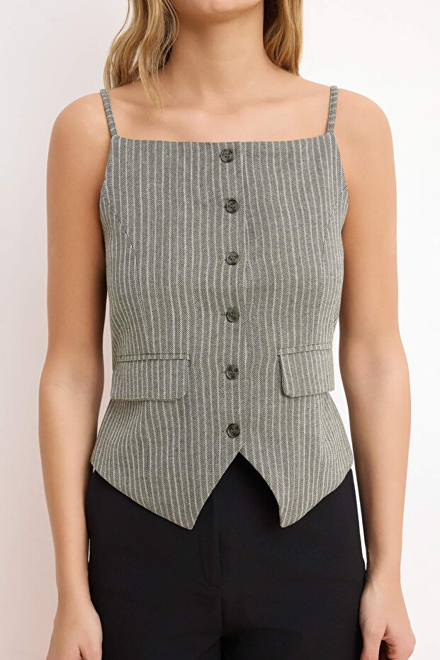 Khaki Striped Fitted Hanger Woven Vest Twoss26Ye00018