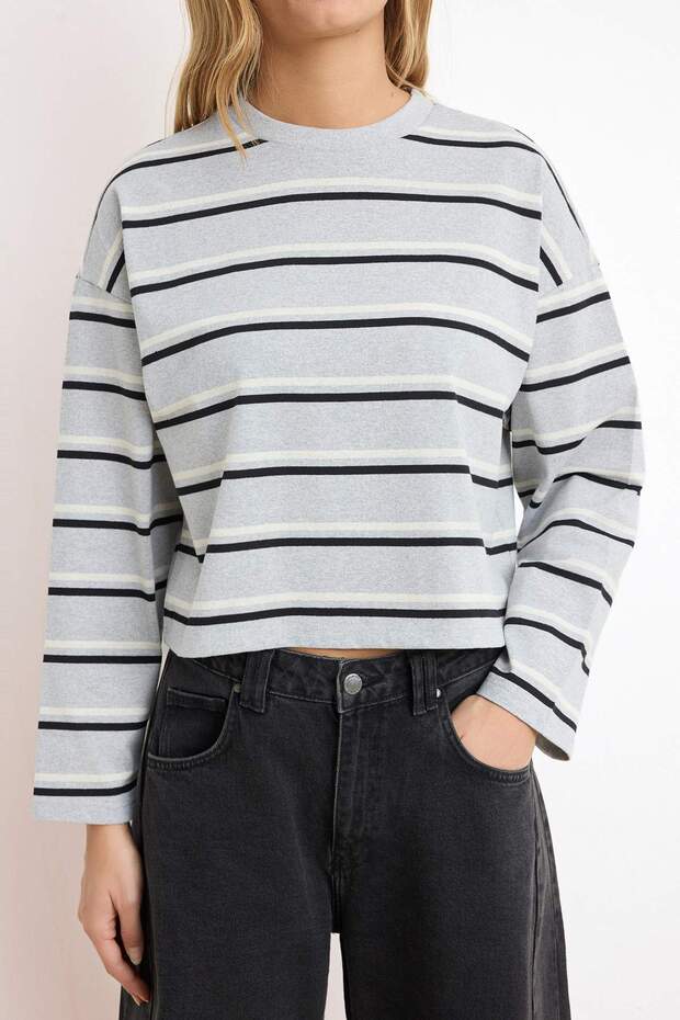 Wardrobe Essentials-Gri Çizgili Relaxed/Rahat Kalıp Düşük Kol %100 Pamuk Örme T-Shirt TWOSS26TS00019 - 3