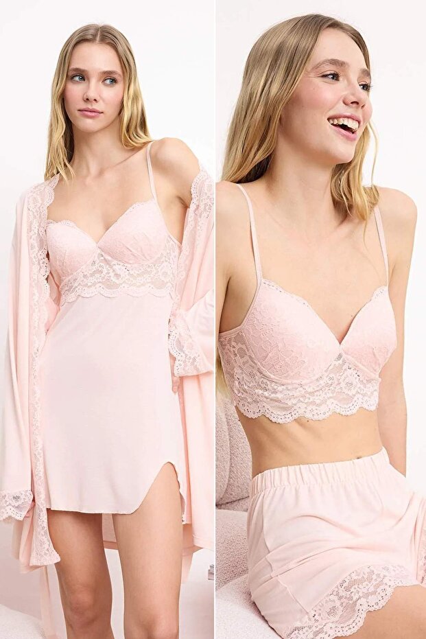 Trendyolmilla  Pudra 4'lü Dantel Detaylı Sabahlık + Gecelik + Bralet + Şort Örme Pijama Takımı THMSS26PT00093 - Görsel 2