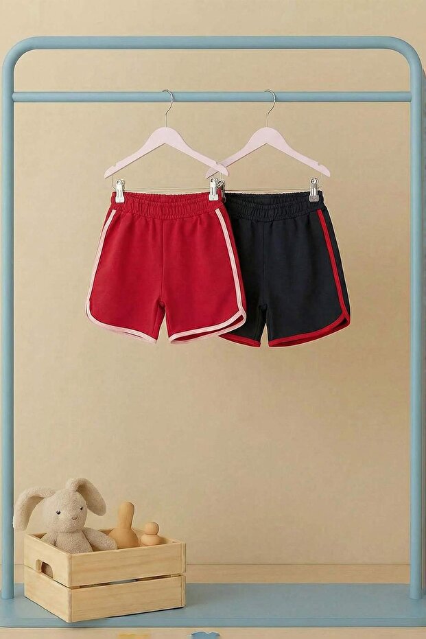 Kırmızı-Lacivert 2'li Kız Çocuk 1 23 Nisan PamukBiye Detaylı Lastikli Örme Şort TKDSS25SR00025 - 8