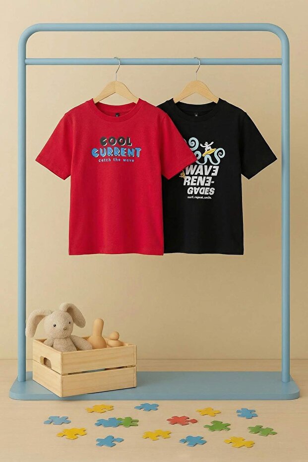 Siyah-Kırmızı 2'li Baskılı Erkek Çocuk Düz 23 Nisan Örme T-Shirt TKDSS26TS00011 - 2
