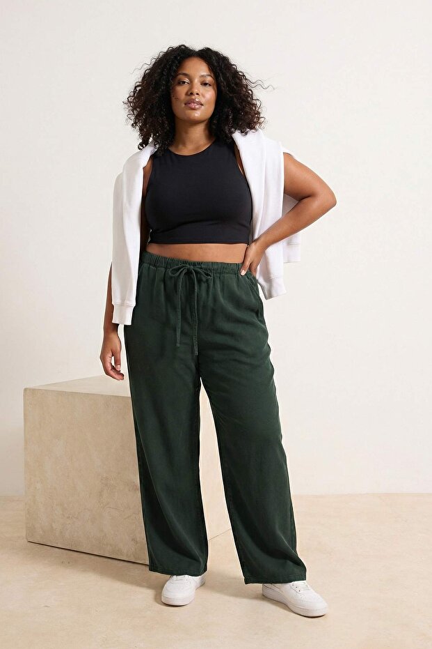 Haki Yüksek Lastikli Bel Tencel İnce Yazlık Geniş Paça/Wide Leg Büyük Beden Jeans TBBSS25AR00038 - 3