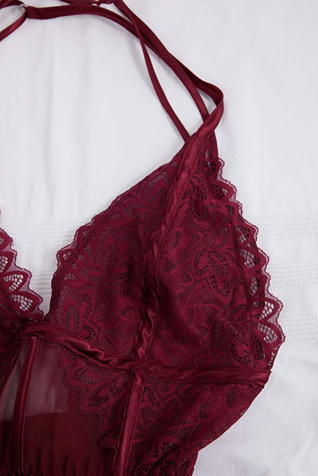 Bordo Dantel ve Sırt Detaylı İp Askılı Saten Şortlu Dokuma Pijama Takımı THMSS25PT00287 - 4