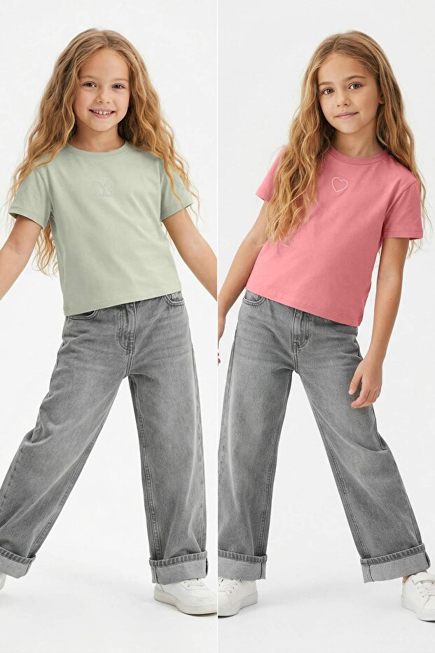Pembe-Mint 2'li Nakışlı Kız Çocuk Düz Nakışlı Örme T-Shirt TKDSS26TS00006 - 1
