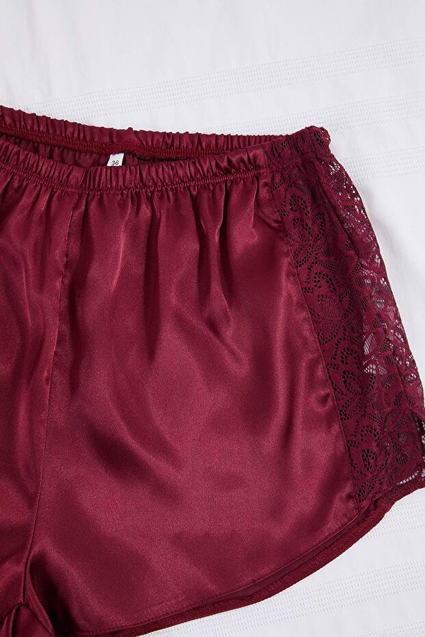 Bordo Dantel ve Sırt Detaylı İp Askılı Saten Şortlu Dokuma Pijama Takımı THMSS25PT00287 - 5