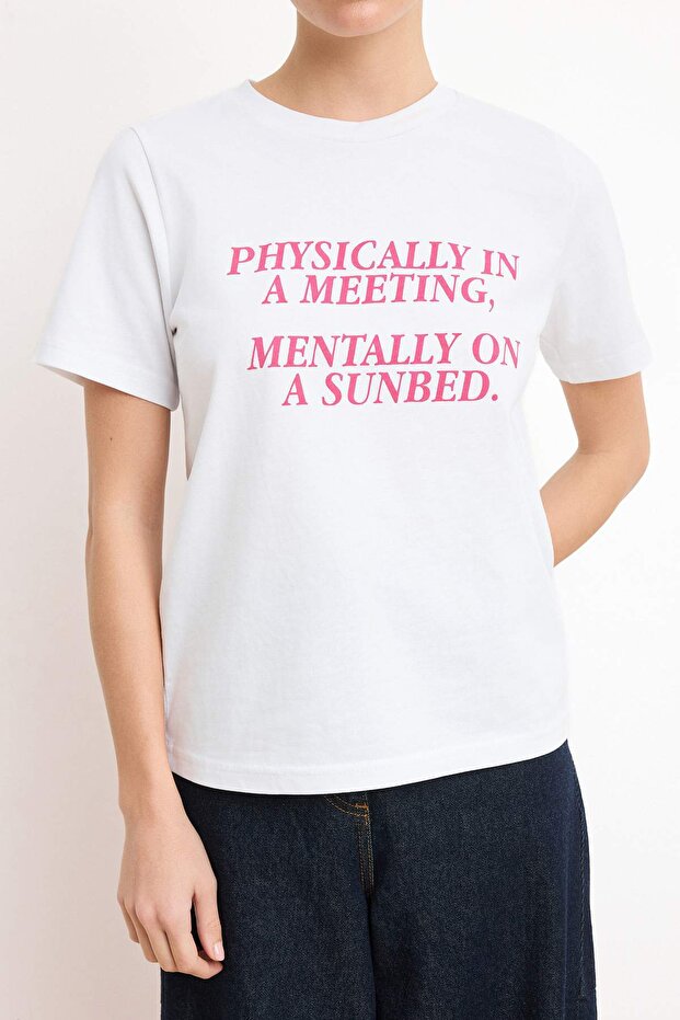 Ekru Slogan Regular/Normal Kalıp Kısa Kollu Tok %100 Pamuk Örme T-Shirt TWOSS26TS00120 - 3