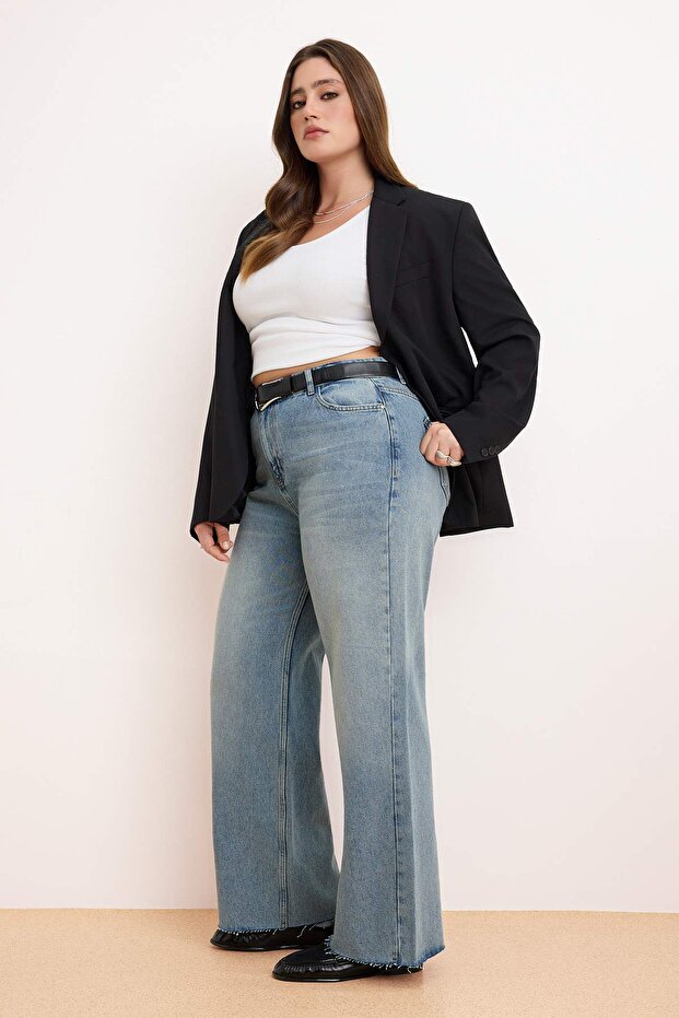 Mavi Paça Kesikli Lastikli Bel %100 Pamuk Non-Stretch Geniş Paça/Wide Leg Jeans TBBSS26CJ00016 - 2
