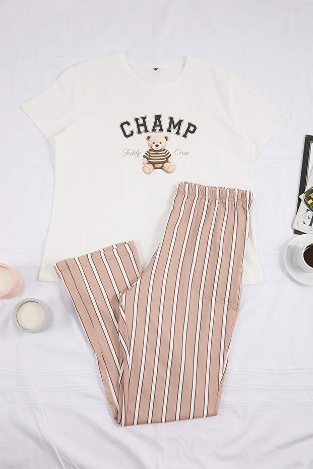 Kahverengi Ayıcık Nakışlı Çizgili Örme Büyük Beden Pijama Takımı TBBSS26AI00003 - 4