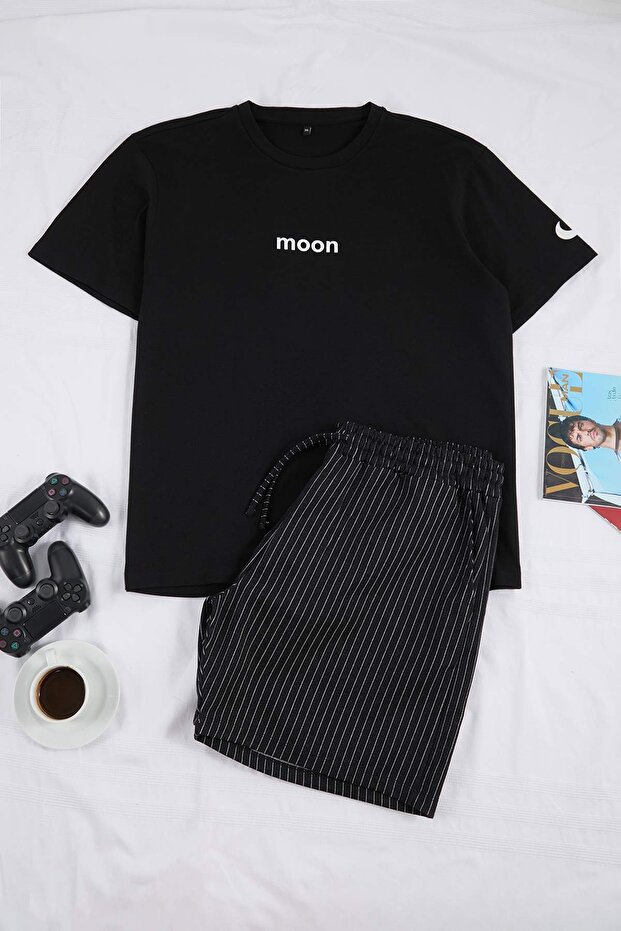 Black Plus Size Regular Fit Knitted Shorts Pajama Set Tmnss23Pt00014