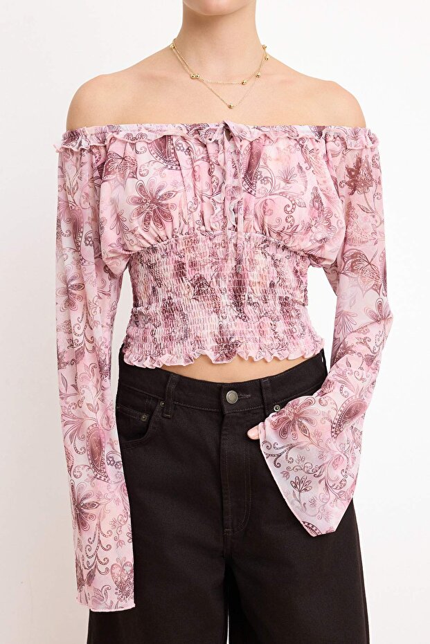 Çok Renkli Şal Desen Boho Chic Vücuda Oturan Havuz Yaka Gipeli Crop Tül Örme Bluz TWOSS26BZ00146 - 3