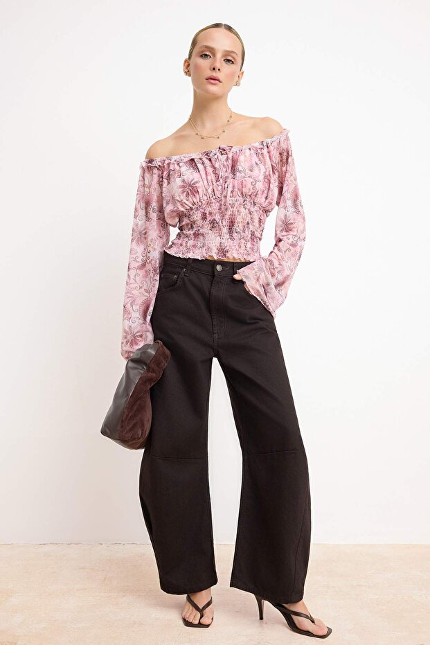 Çok Renkli Şal Desen Boho Chic Vücuda Oturan Havuz Yaka Gipeli Crop Tül Örme Bluz TWOSS26BZ00146 - 2
